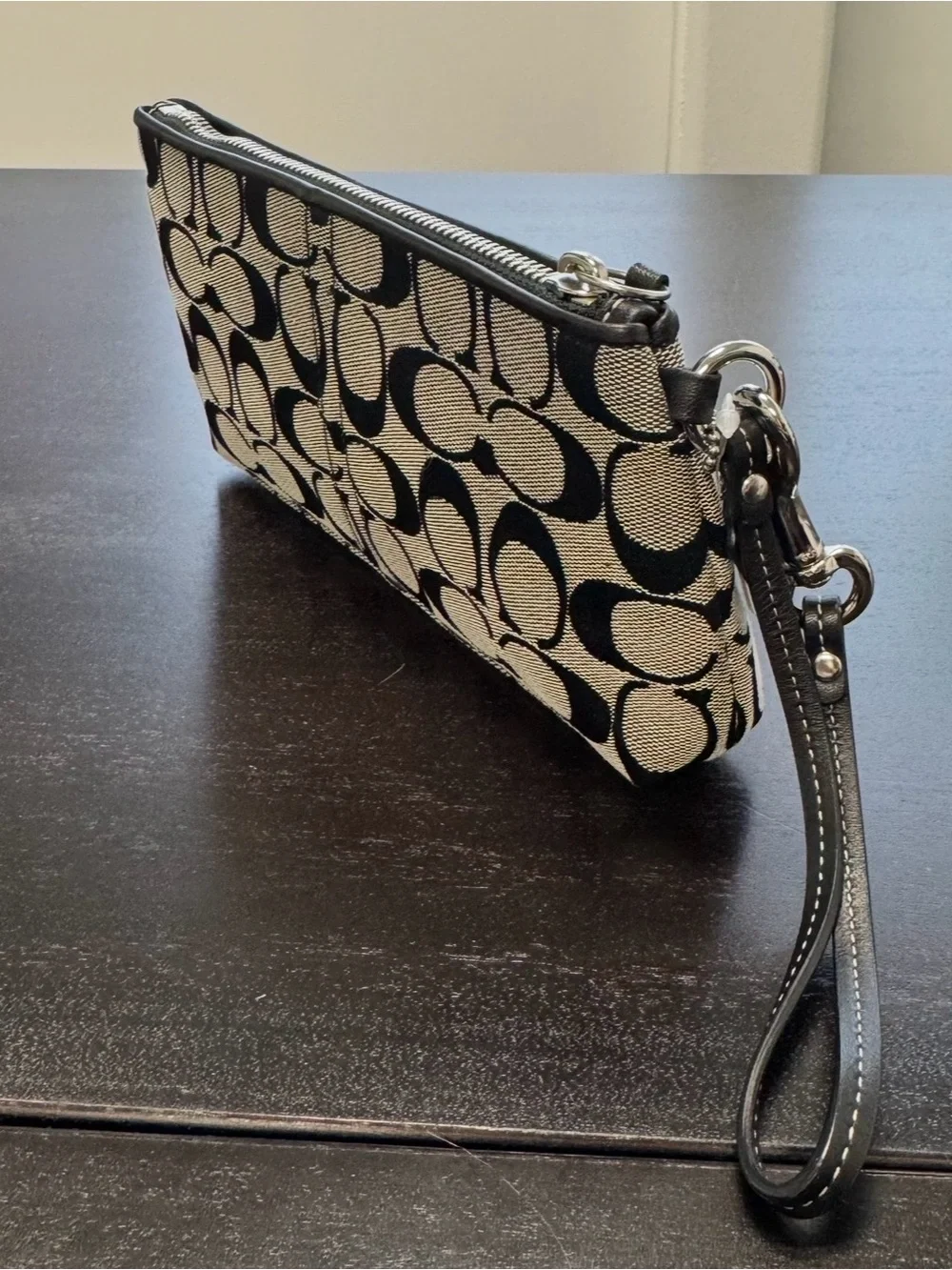 Coach Signature Jacquard Wristlet in Black and Khaki